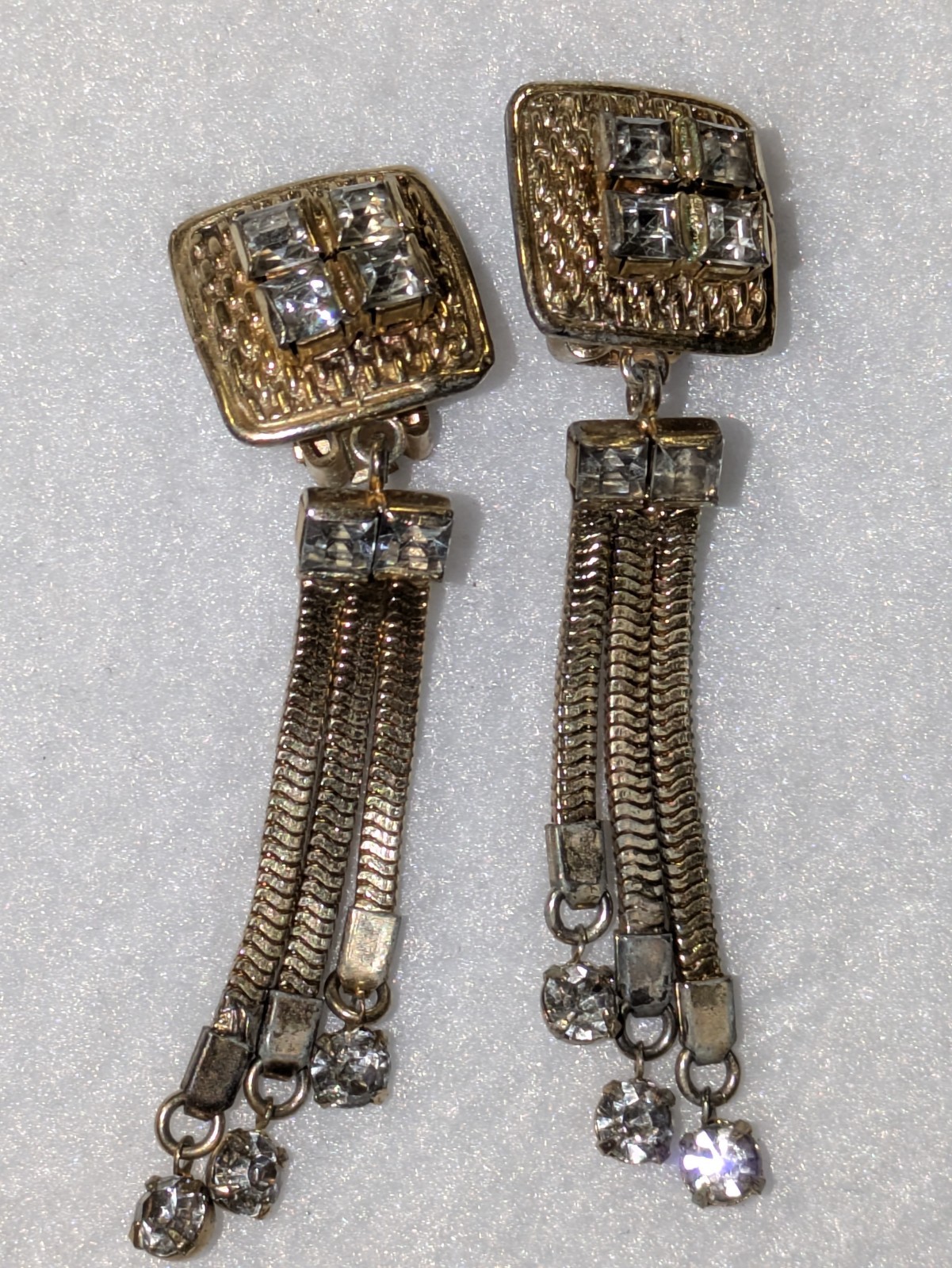 VINTAGE HOBE CLIP STYLE DANGLE MULTI STRAND RHINESTONE EARRINGS