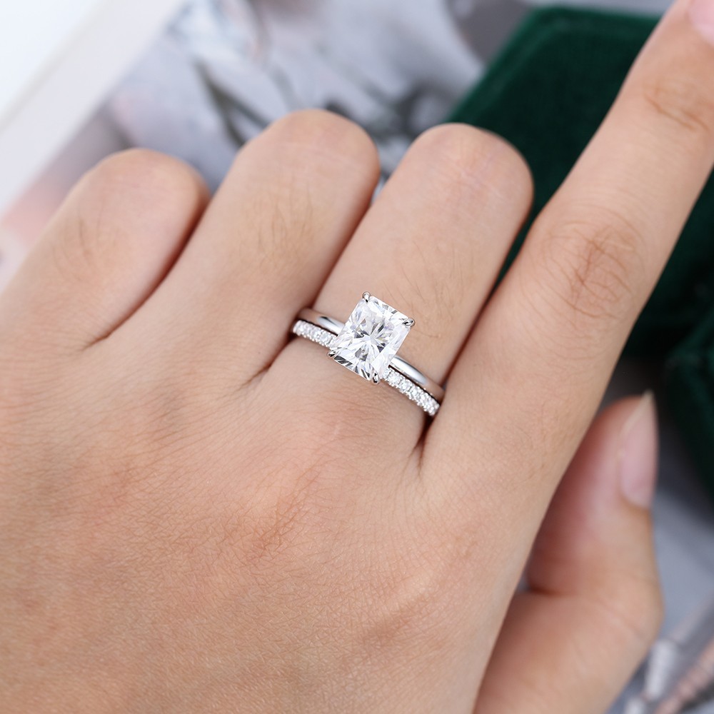 2.90 Ct Emerald Cut EF/VS1 Lab Grown Diamond Engagement Ring Set 14K White Gold