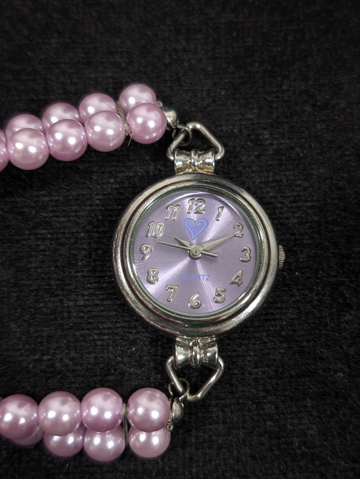 Purple Heart Round Dial Faux Pearl Double Strand Stretch Watch 5.5 in