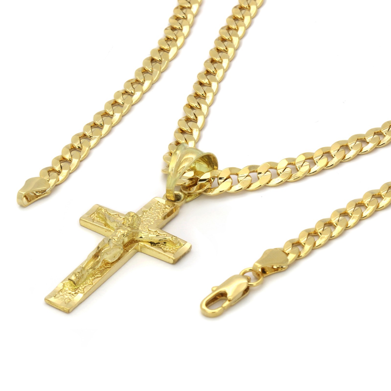 Mens 18k Gold Plated JESUS CROSS Hip-Hop Pendant 6mm Cuban Chain Necklace (S-3)