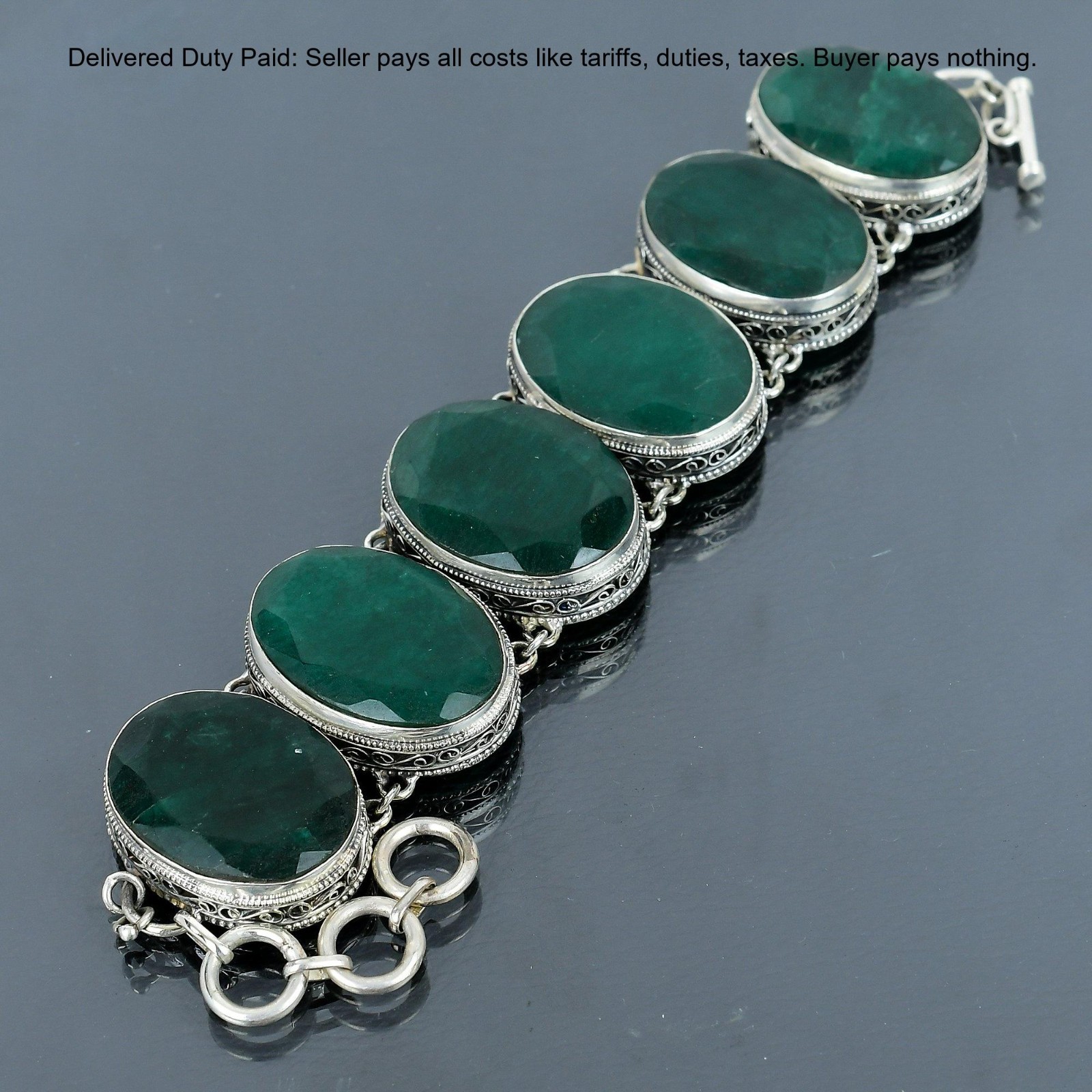 925 Sterling Silver Oval Natural Zambian Emrald New Vintage Wife Chain Bracelet
