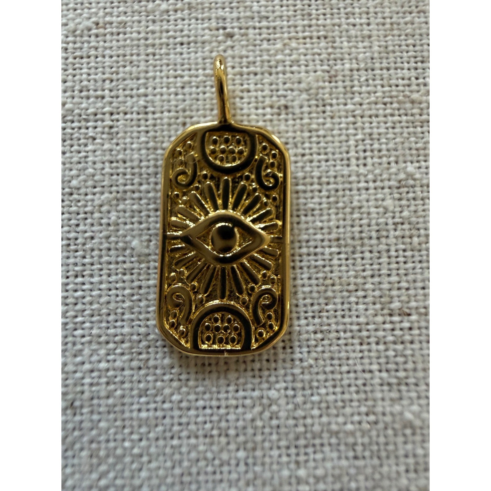 Gold PVD Coated Evil Eye Dog Tag Pendant Celestial Sunburst Tarnish Resistant