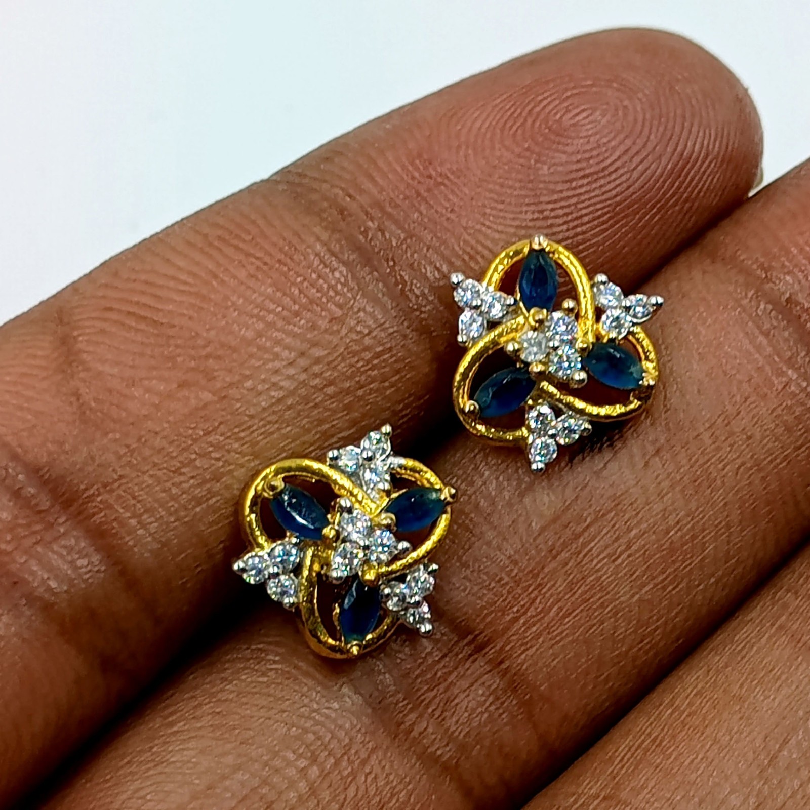 Elegant Sapphire CZ Stud Earrings 22k Gold Plated Handmade South Indian Style