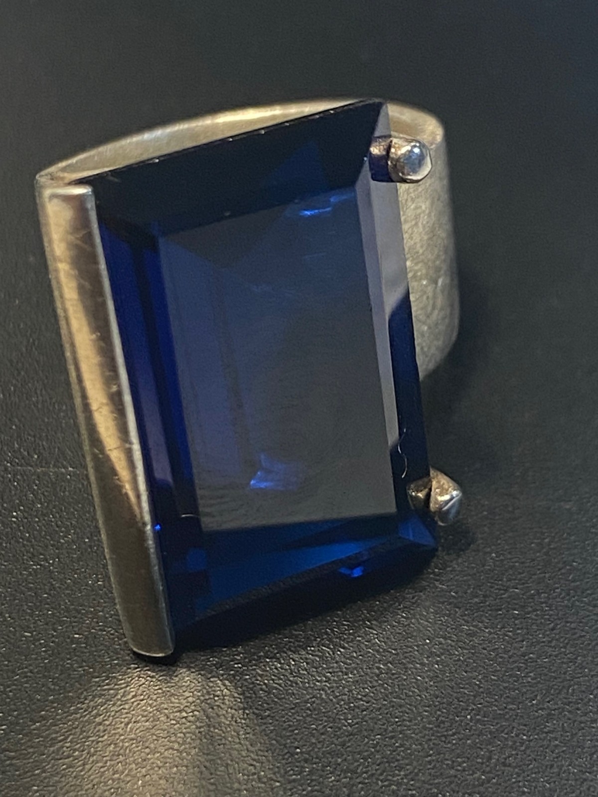 Cobalt Blue lab-created Spinel Ring 925 Silver Emerald Cut ~33.5 ctw Sz ~7.75