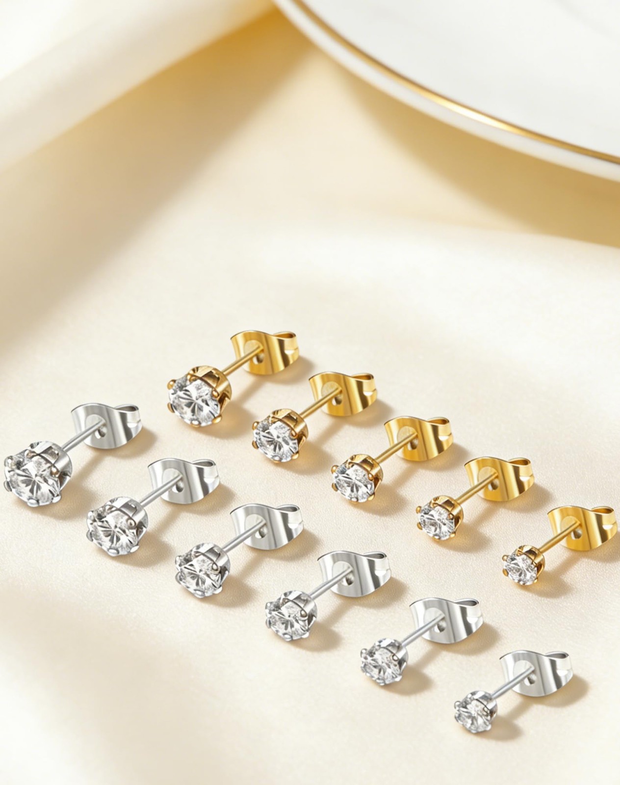 6 Pairs Stud Earrings Set, 3mm, 4mm, 5mm, 6mm, 7mm, 8mm, Gold – 6