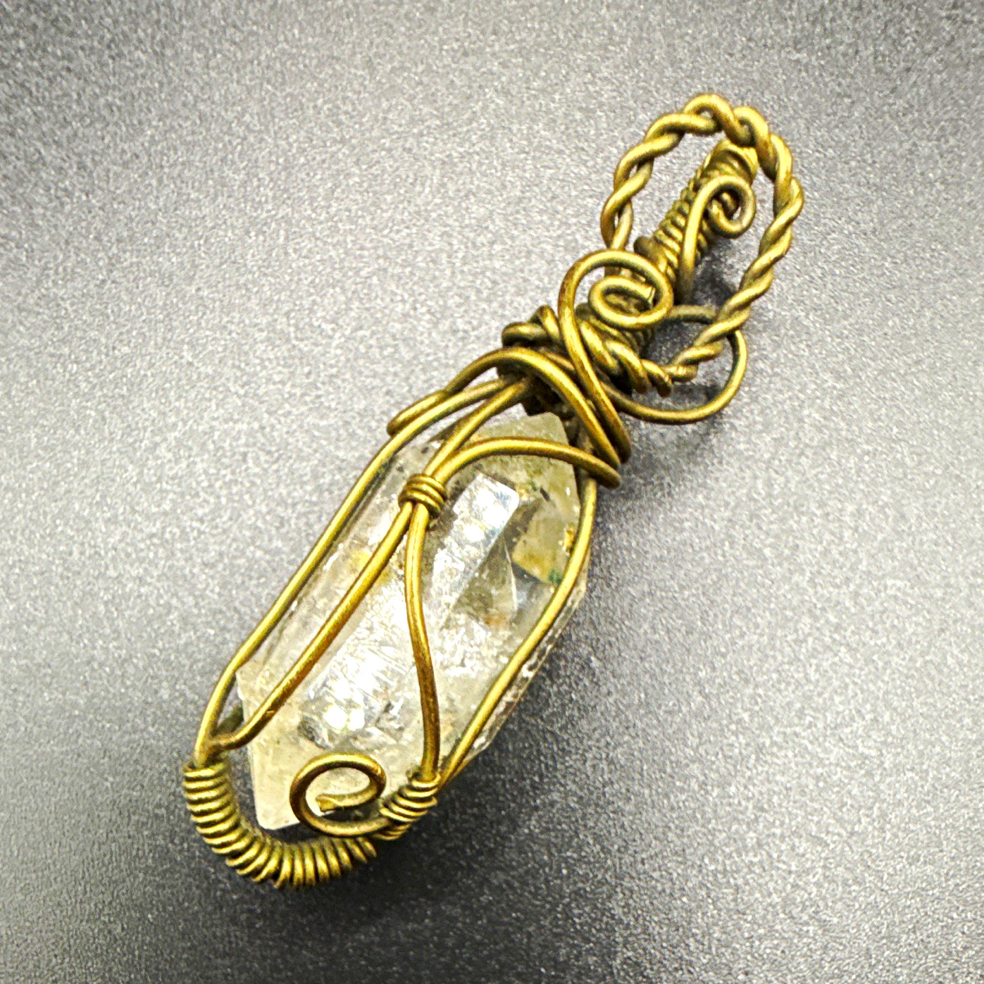 Herkimer Diamond Crystal Charm Pendant Gold Tone Copper.