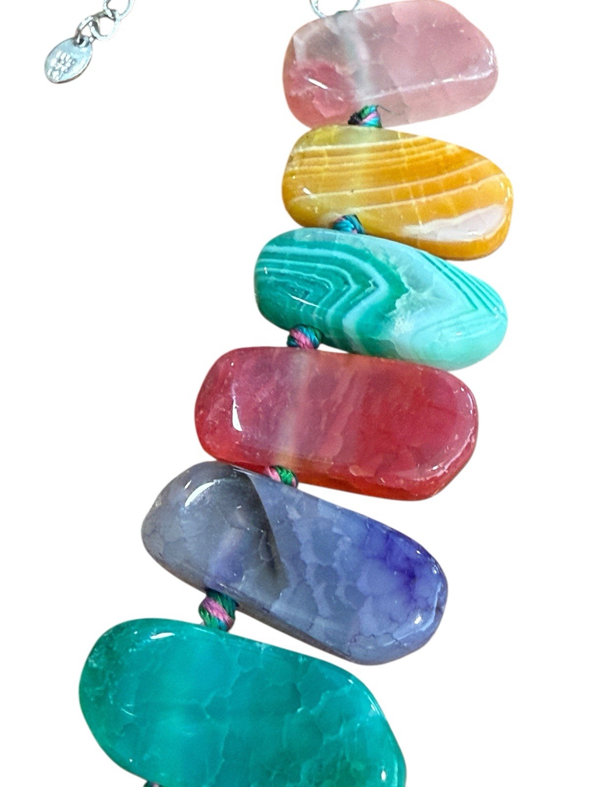LUC CN 925 Sterling Agate Stone Necklace 19.5” Bright Multicolor Colorful Pop