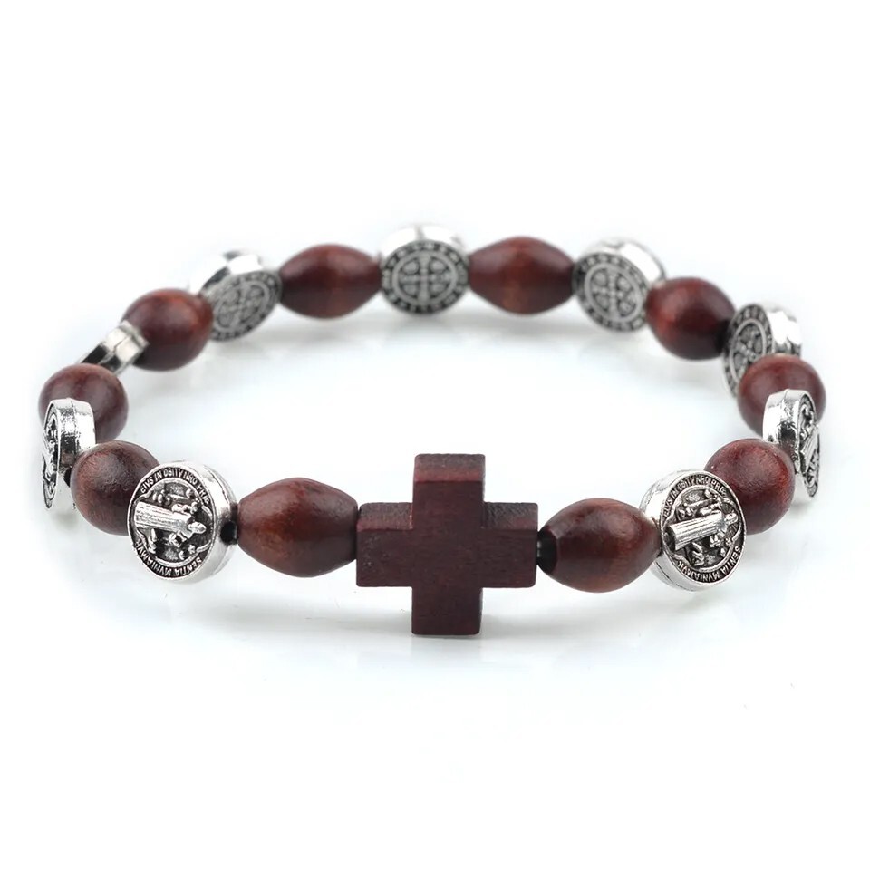 Catholic Town bracelet with St Benedict alloy beads, oval wood beads and cross