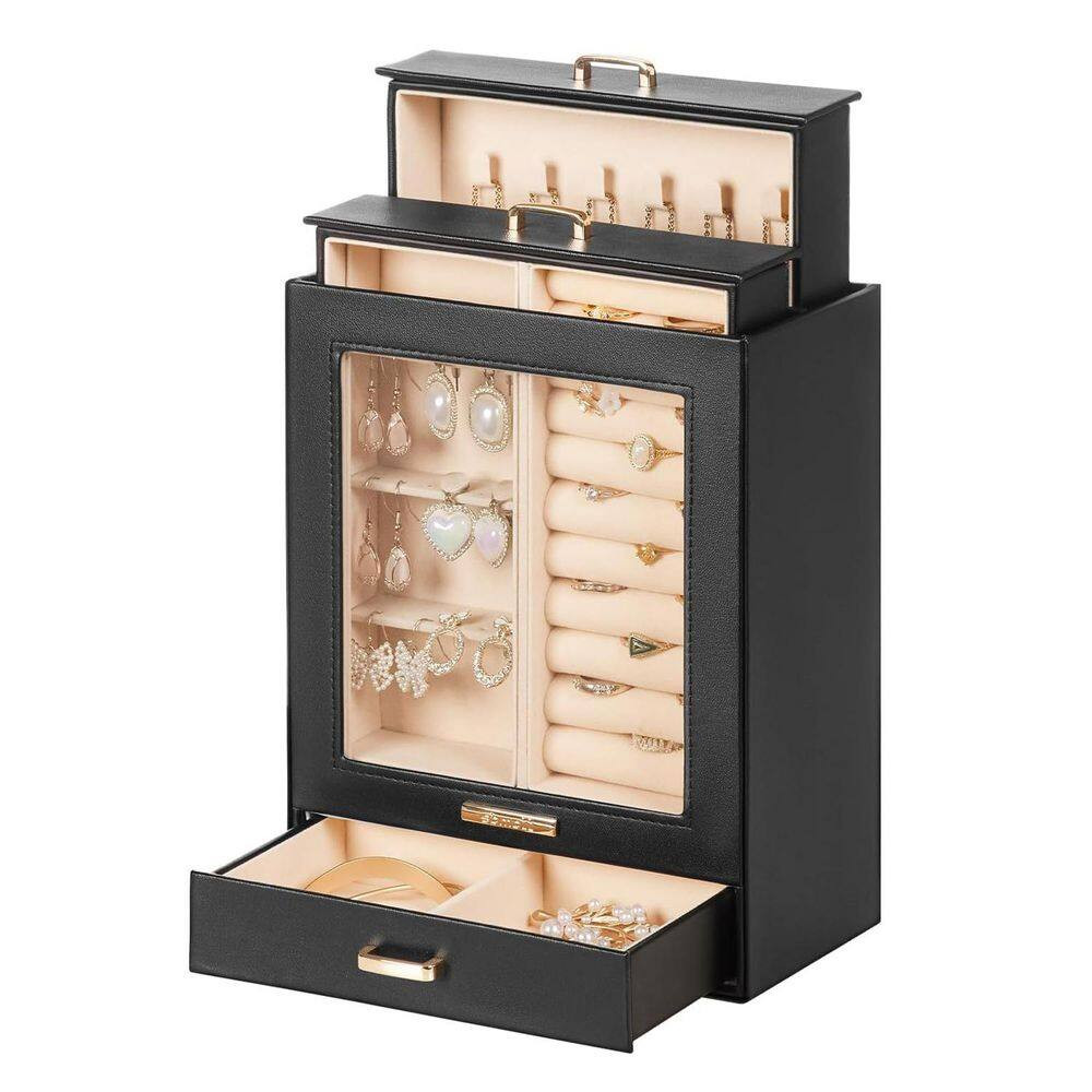 Black 7 In. X 9 In. Polyurethane Modern Jewelry Box with 3-Drawers