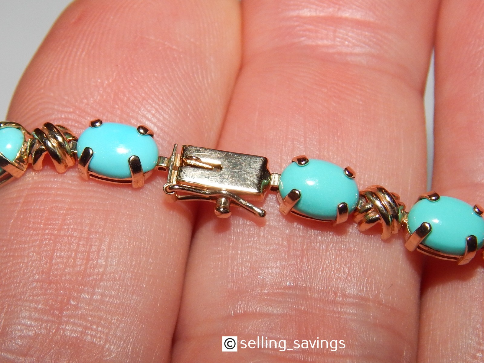 14K YELLOW GOLD TURQUOISE CABOCHON 5MM WIDE TENNIS BRACELET 8 INCHES LONG