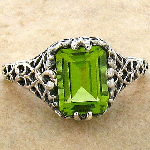 GENUINE 1.50 CARAT PERIDOT 925 STERLING SILVER ANTIQUE STYLE FILIGREE RING 746Z