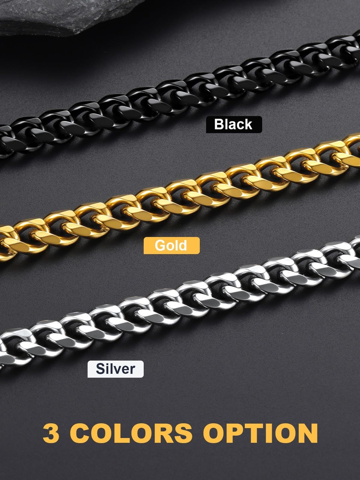 Chunky Cuban Link Chain Necklace, Stainless Steel Gold/Black, 14-30″ Curb Chain