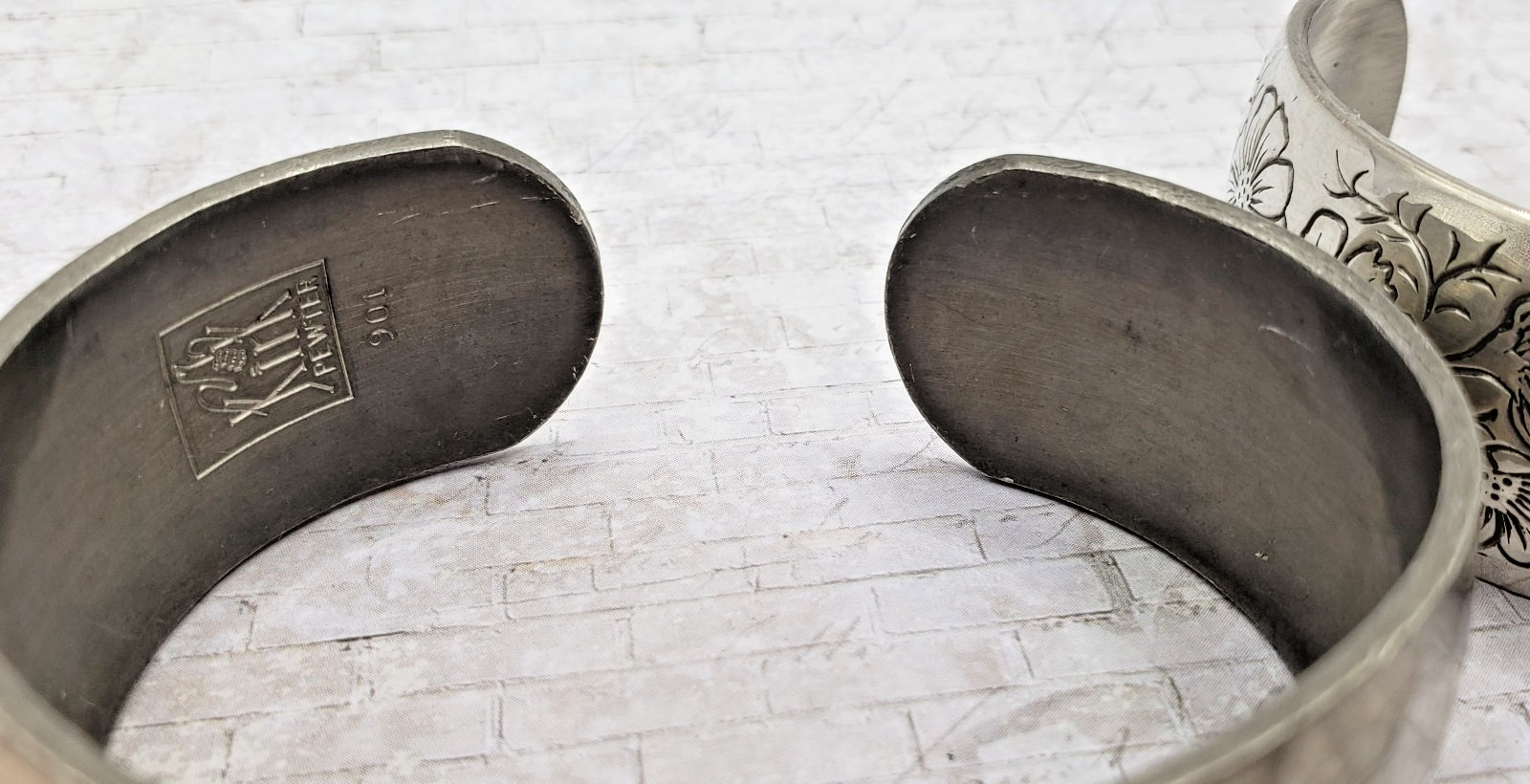 Set Of 2 Kirk & Sons Pewter Cosmos Etched Floral & Hammered Cuff Bracelets
