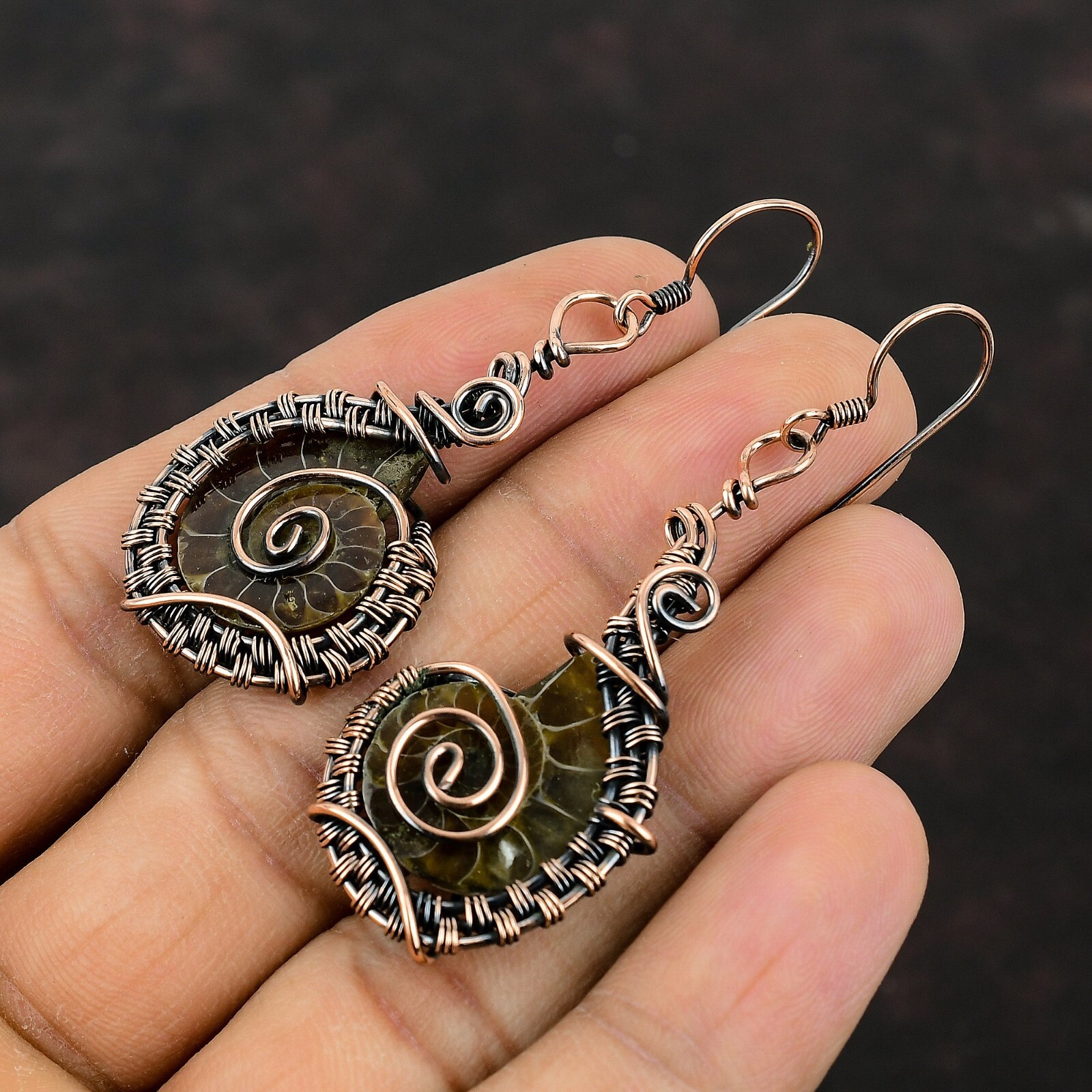 Women Day Gift Ammonite Fossil Copper Wire Wrapped Drop/Dangle Earrings 2.36″