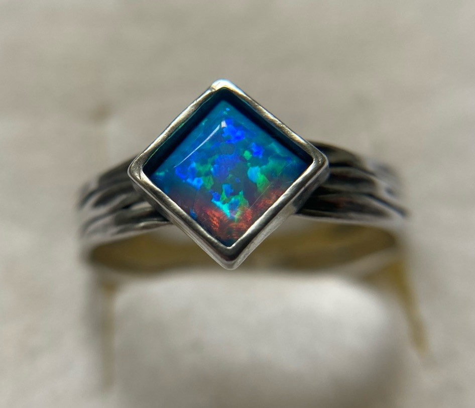 Sterling Silver, Square Bezel Set Lab Opal, Ring By PZ Creations