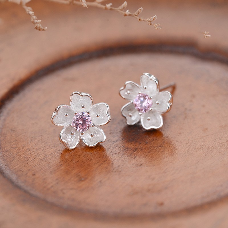 Elegant Pink CZ Center Cherry Blossom Earring Silver Plated Straight Needle Stud