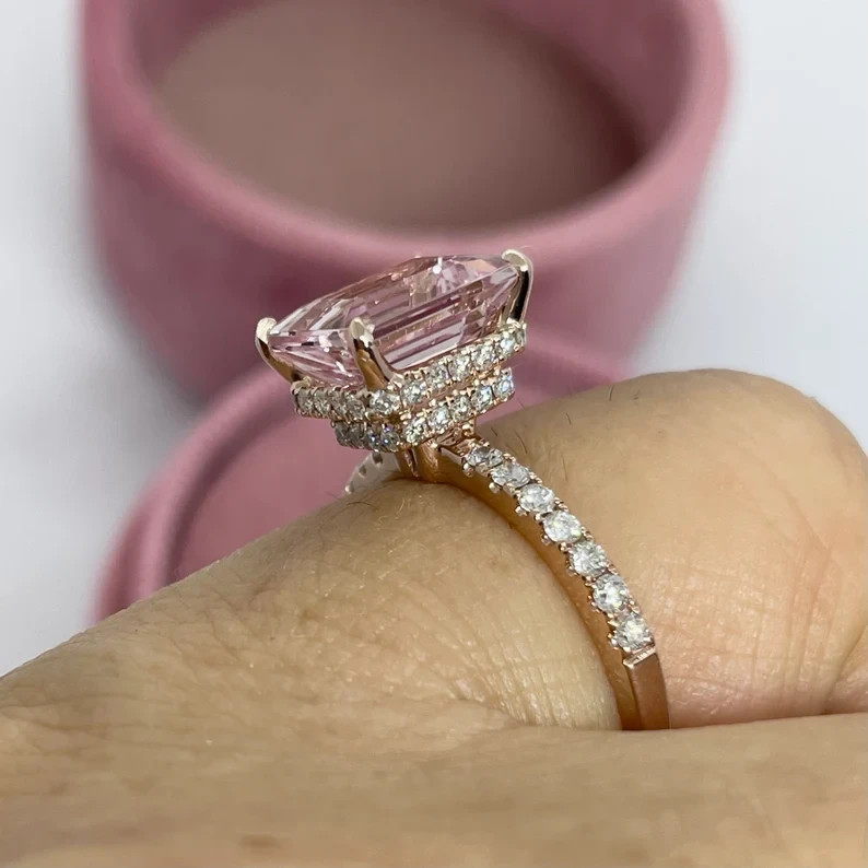 2.30Ctw Emerald Cut Lab-Created Morganite Engagement Ring 14K Rose Gold Plated