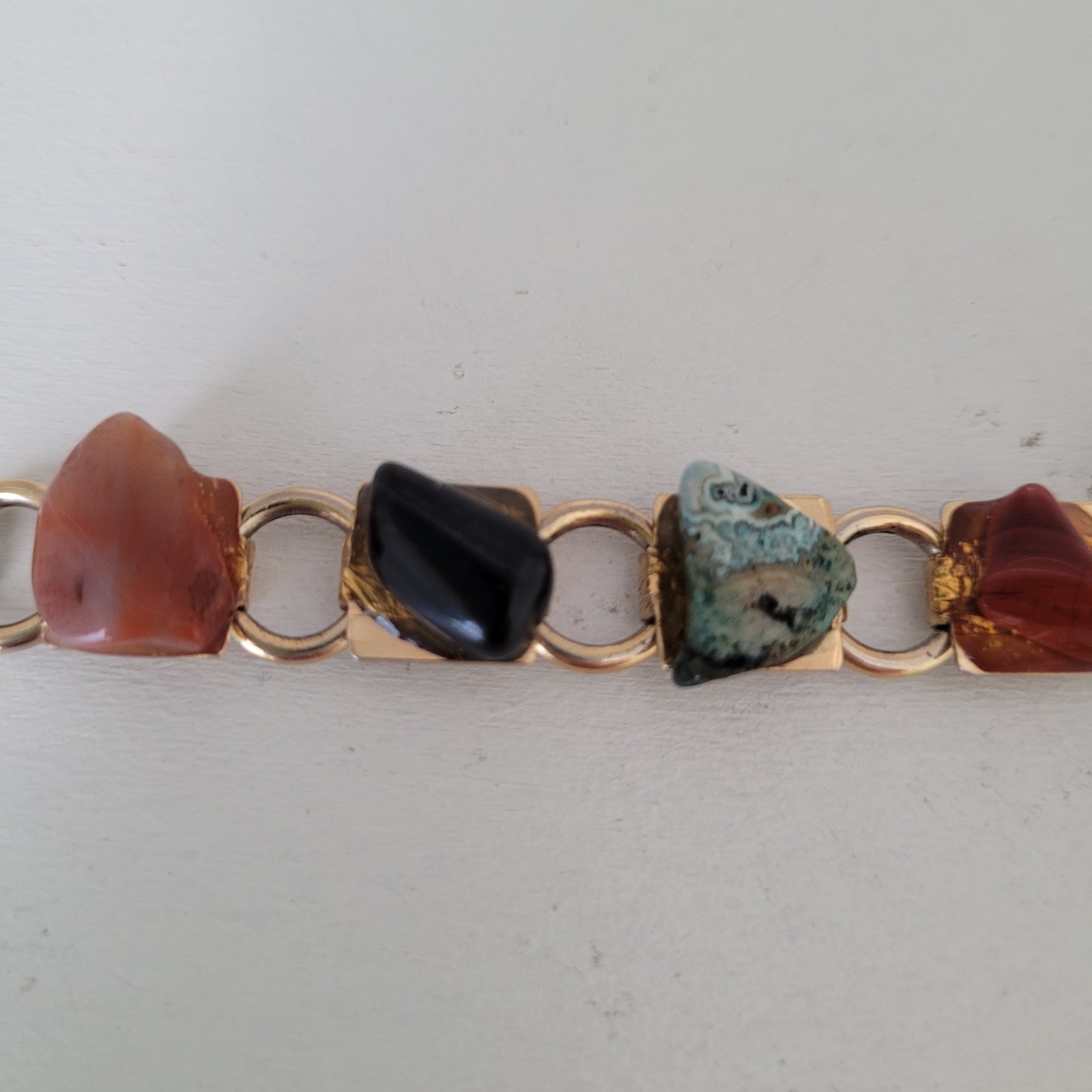 Vintage Gold-Tone Link Bracelet with Polished, Multi-Colored Natural Stones