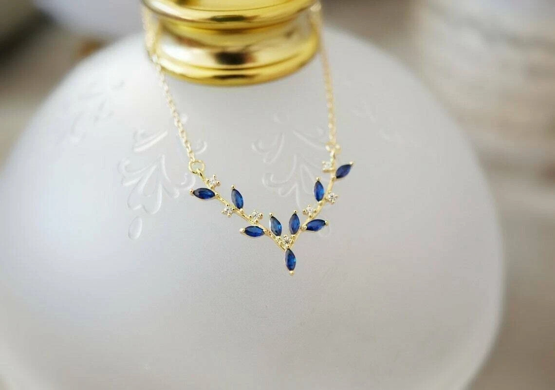 0.50Ct Marquise Cut Blue Sapphire Pendant 18 Free Chain 14K Yellow Gold Finish