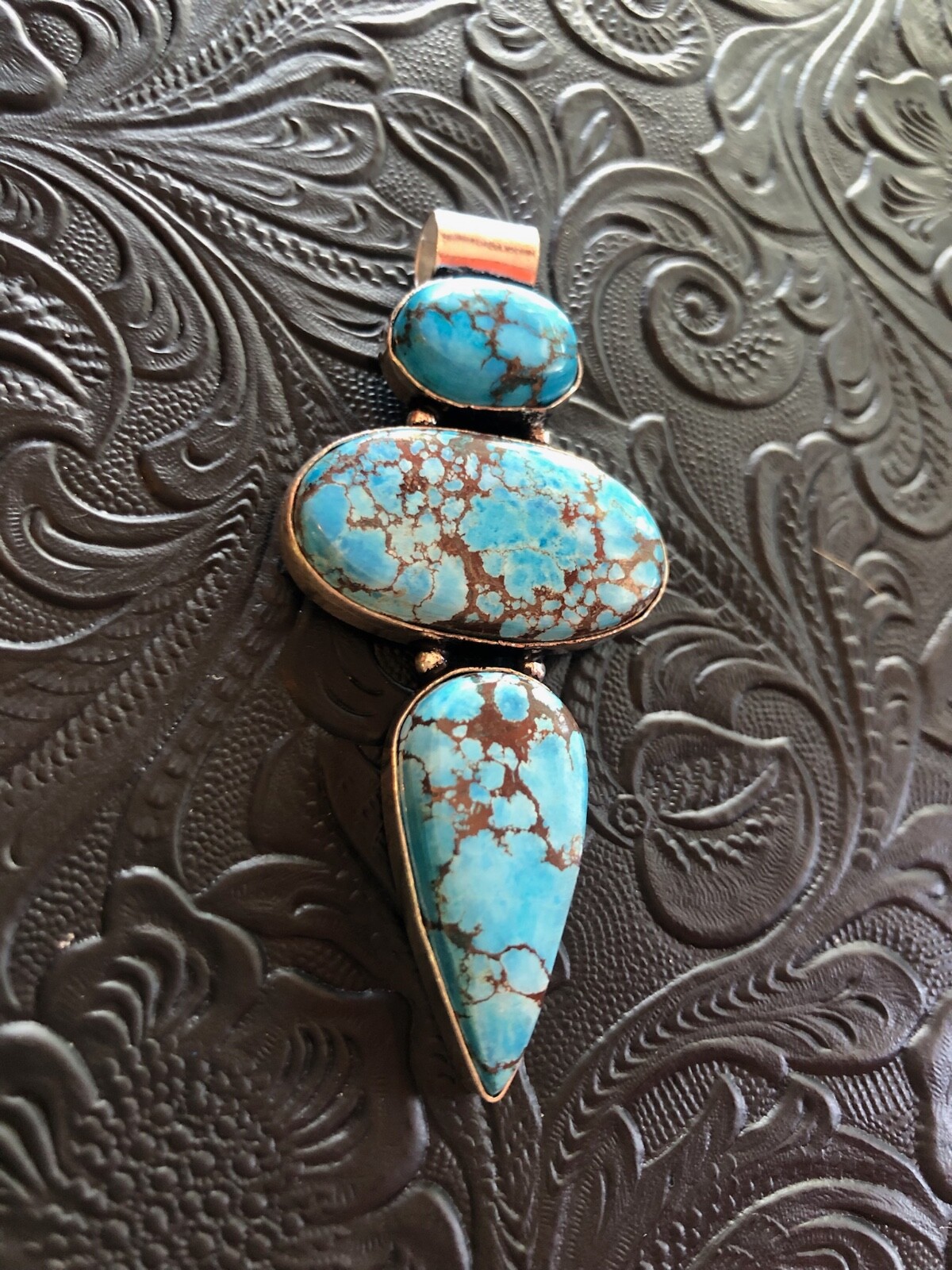 Big Hubei Blue Turquoise Totem Artisan Pendant Brown Web Matrix 2.75”