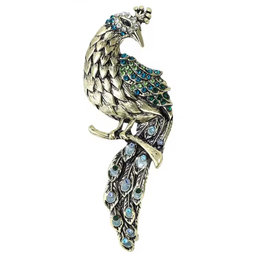 Elegant Vintage Style Rhinestone Peacock Brooch Gold Tone Bird Pin Jewelry Gift