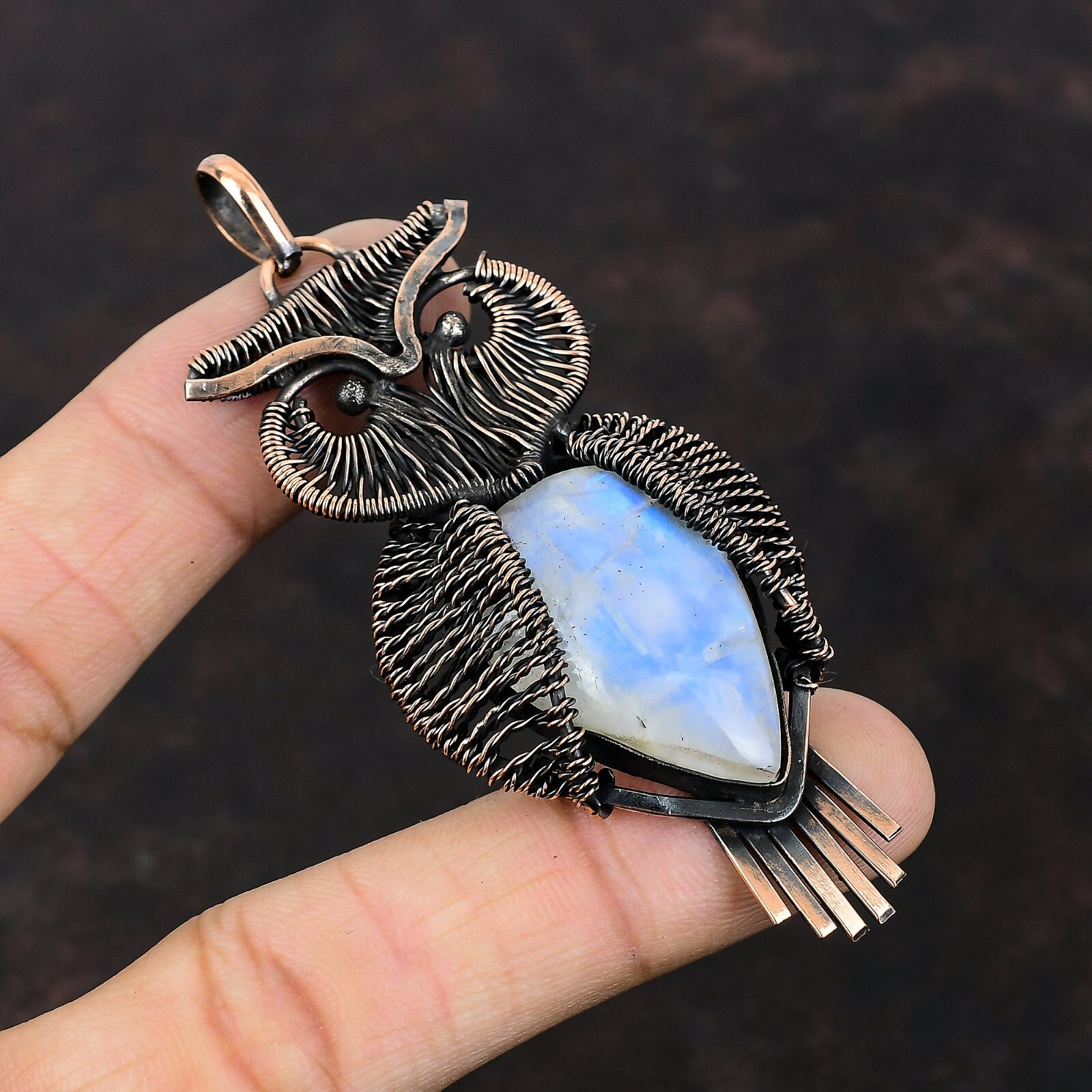 Gift For Women Jewelry Wire Wrapped Owl Pendant Copper Rainbow Moonstone 3.35″