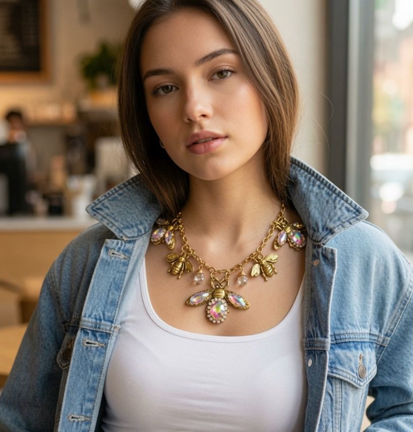 Vintage Bee Statement Necklace – Rhinestone Bee Charm Necklace Adjusts Handcraft