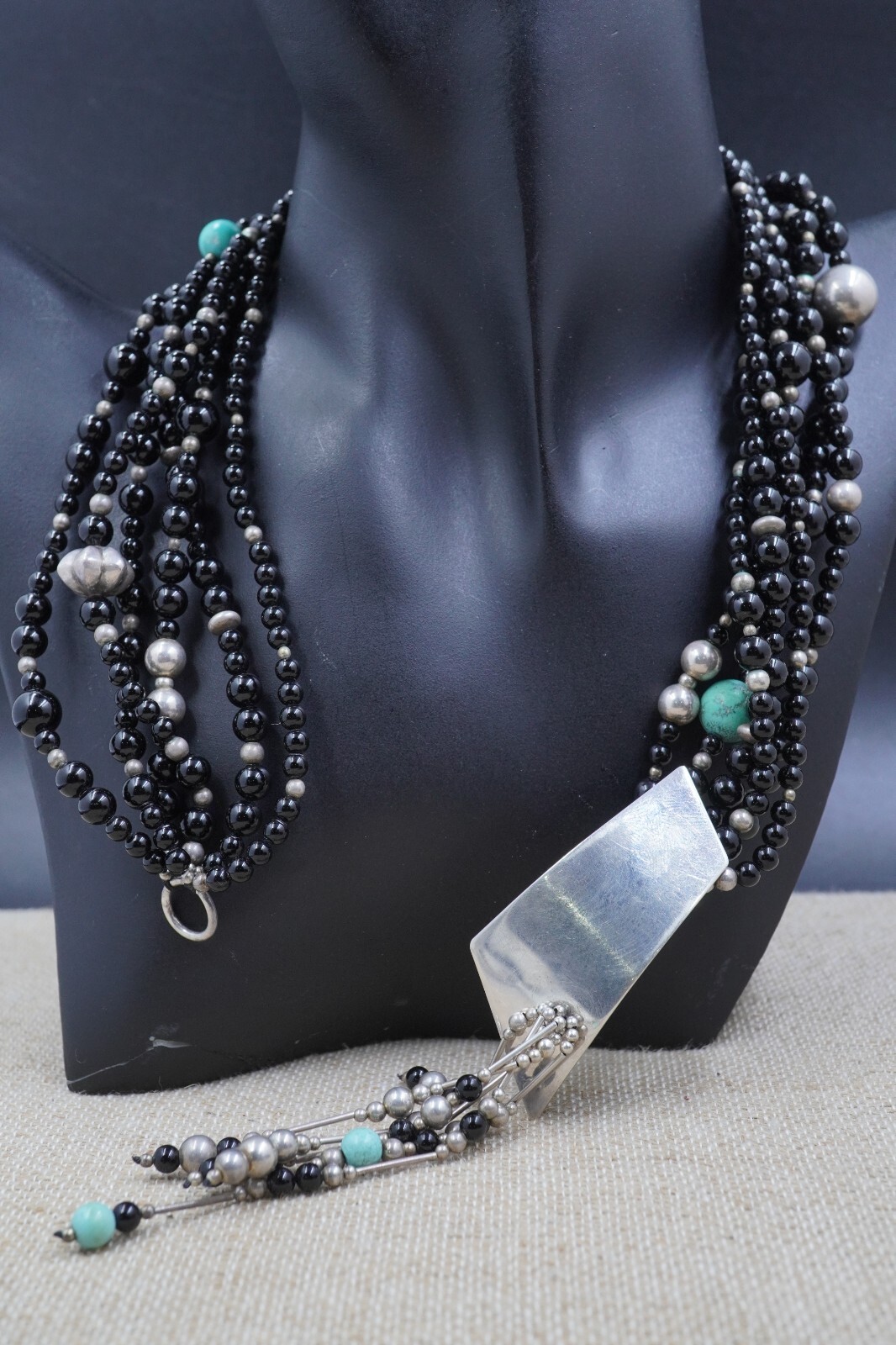 SUSAN CUMMINGS Sterling 3 Multi Strand Black Onyx Bead Necklace Pendant Signed