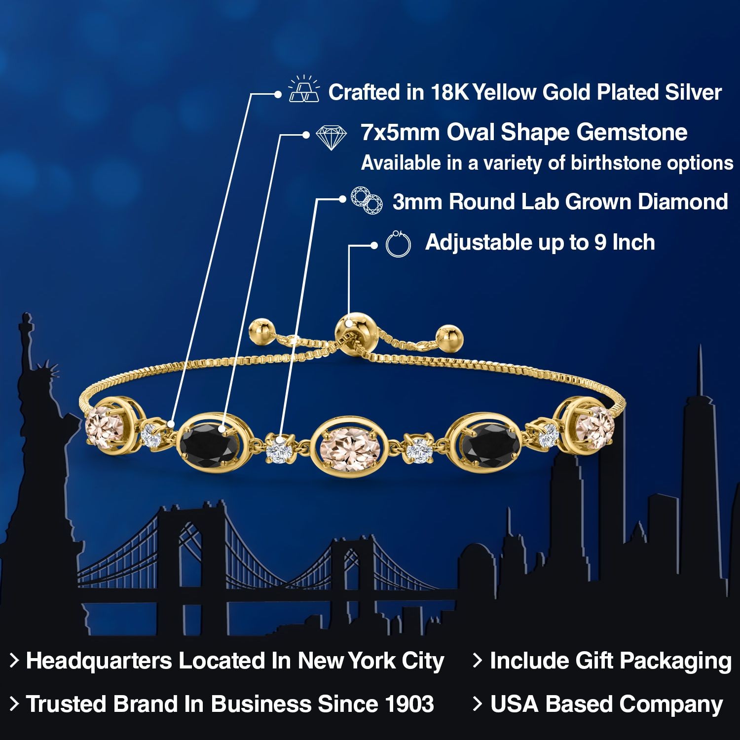 18K Yellow Gold Plated Silver Peach Morganite and Black Sapphire and Lab Grown