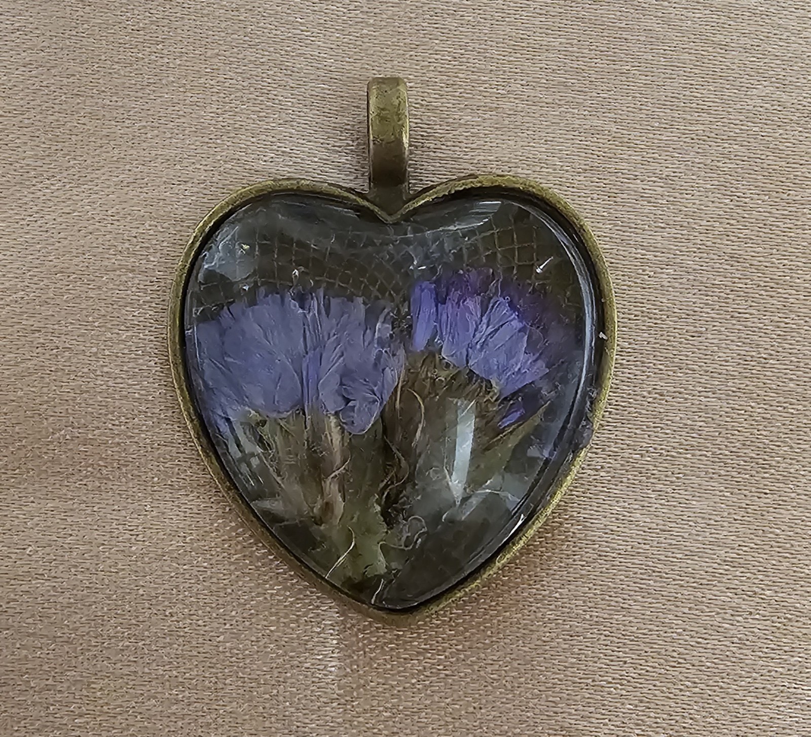 Real Purple Flower Heart Resin Pendant Pressed Cornflowers on Dark Lace
