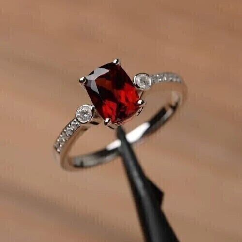 14K White Gold Plated 2.20Ct Cushion Cut Lab Created Red Garnet Engagement Ring
