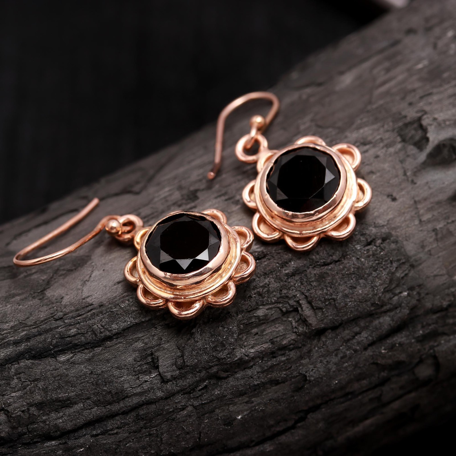Natural Black Onyx Round Dangle Earrings Rose Gold Plated Solid Silver Jewelry