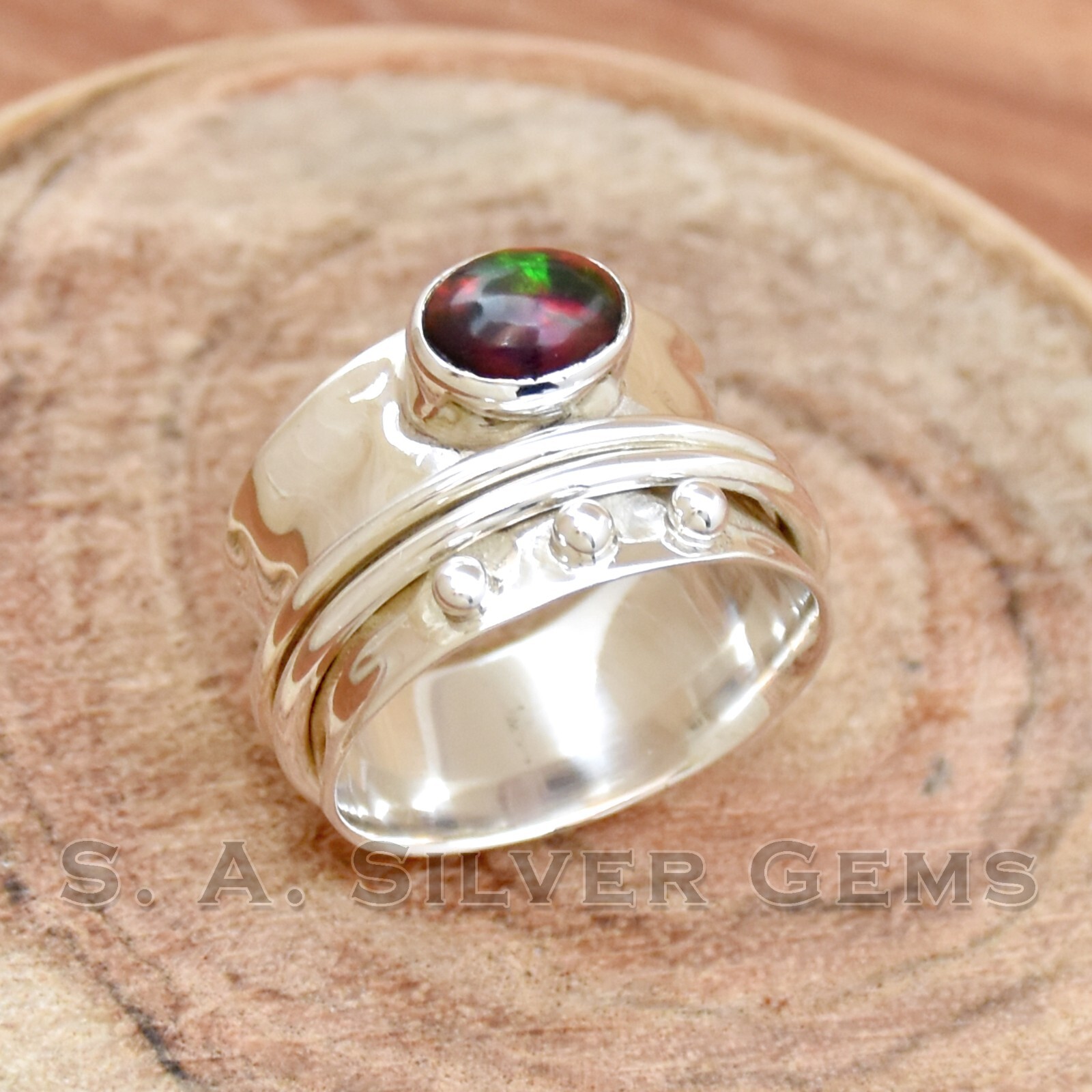 Black Opal Ring, 925 Sterling Silver, Spinner Ring, Dainty Ring, Birthday Gift
