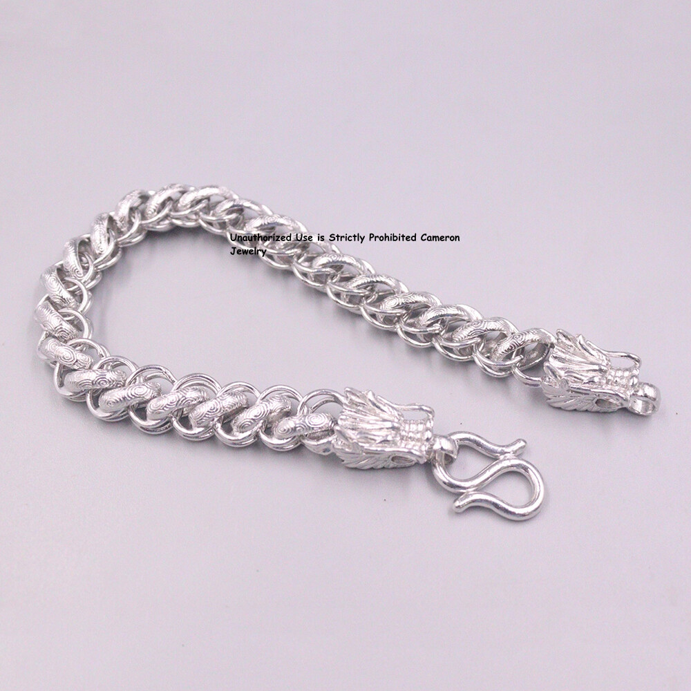 Pure S999 Fine Silver Link Chain Men 10mm Dragon Thailand Bracelet 34-35g 8.3in
