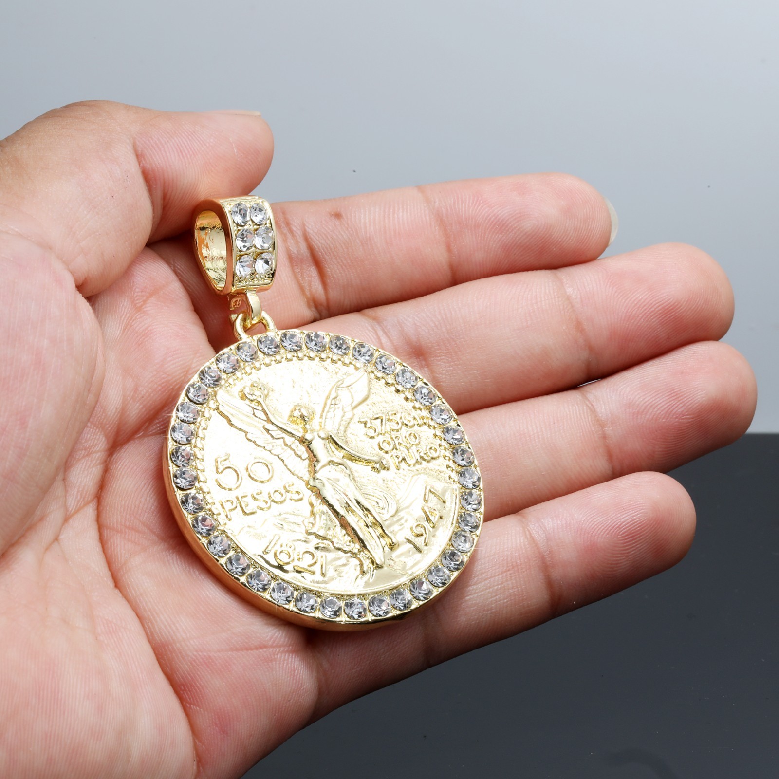Centenario 50 Peso Pendant Iced Cubic Zirconia 4mm Rope Chain 14k Gold Plated CQ