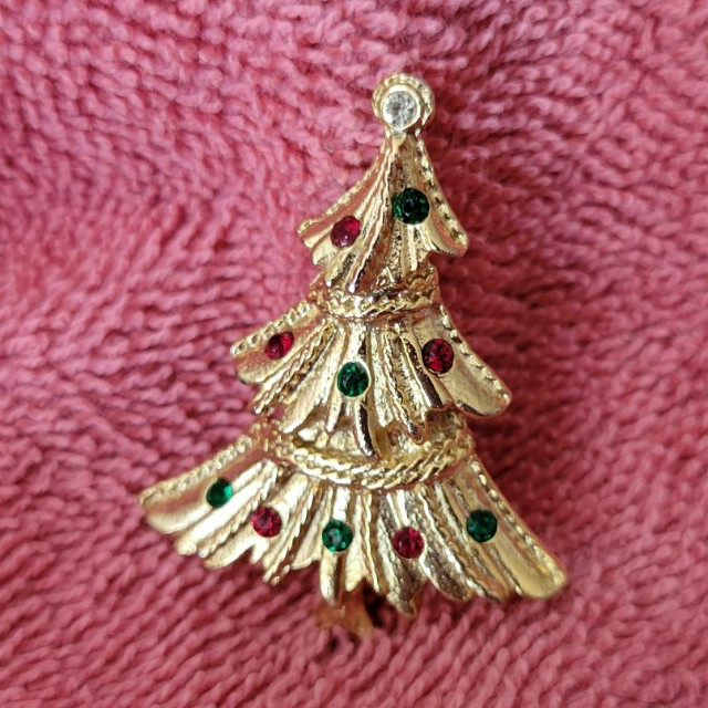 Gold Tone Christmas Tree Brooch Pin, Red & Green Round Crystal Rhinestones