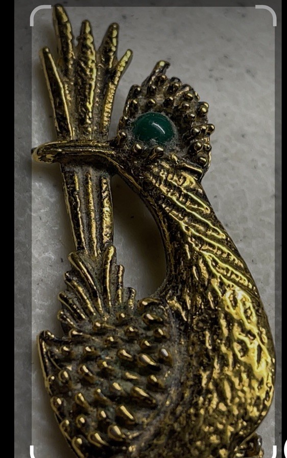 VTG Signed Ambassador Bird Roadrunner KooKoo Pin Gold Tone Green Eye 50s 60s