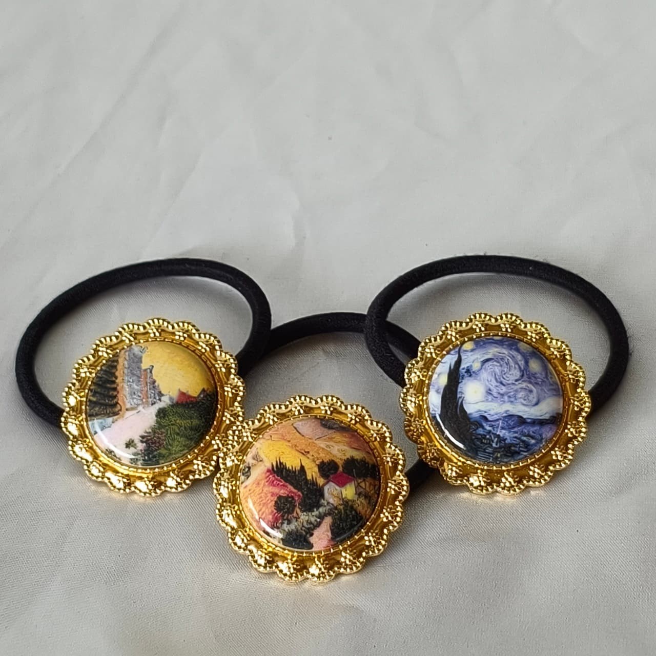 3Pc Vintage Ceramic Hair Ties Set Retro Gold Frame Elastic Ponytail Holder Women
