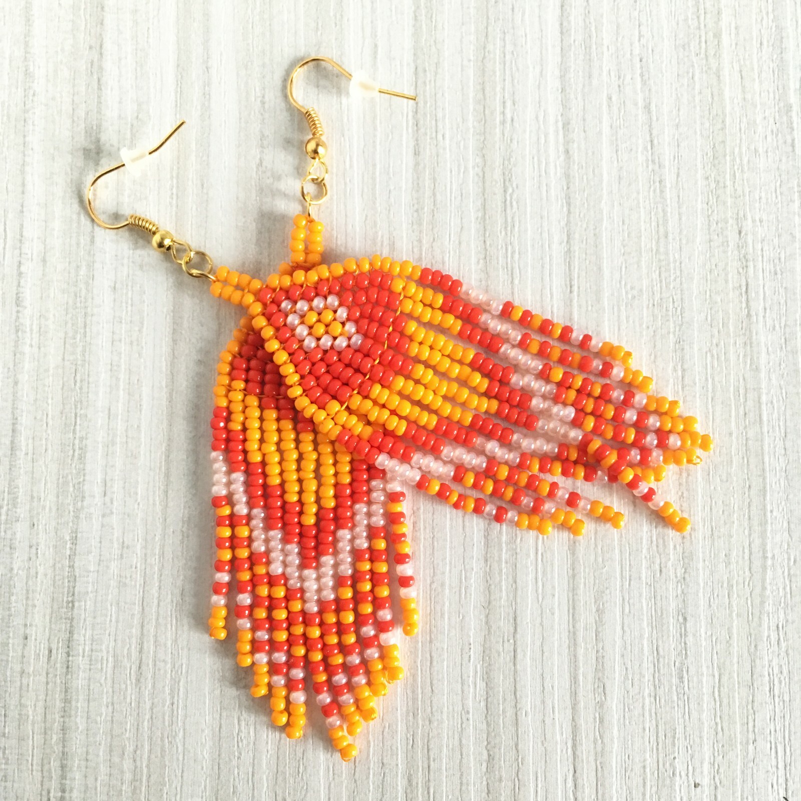 Orange red beaded earrings, Halloween seed bead earrings with fringe