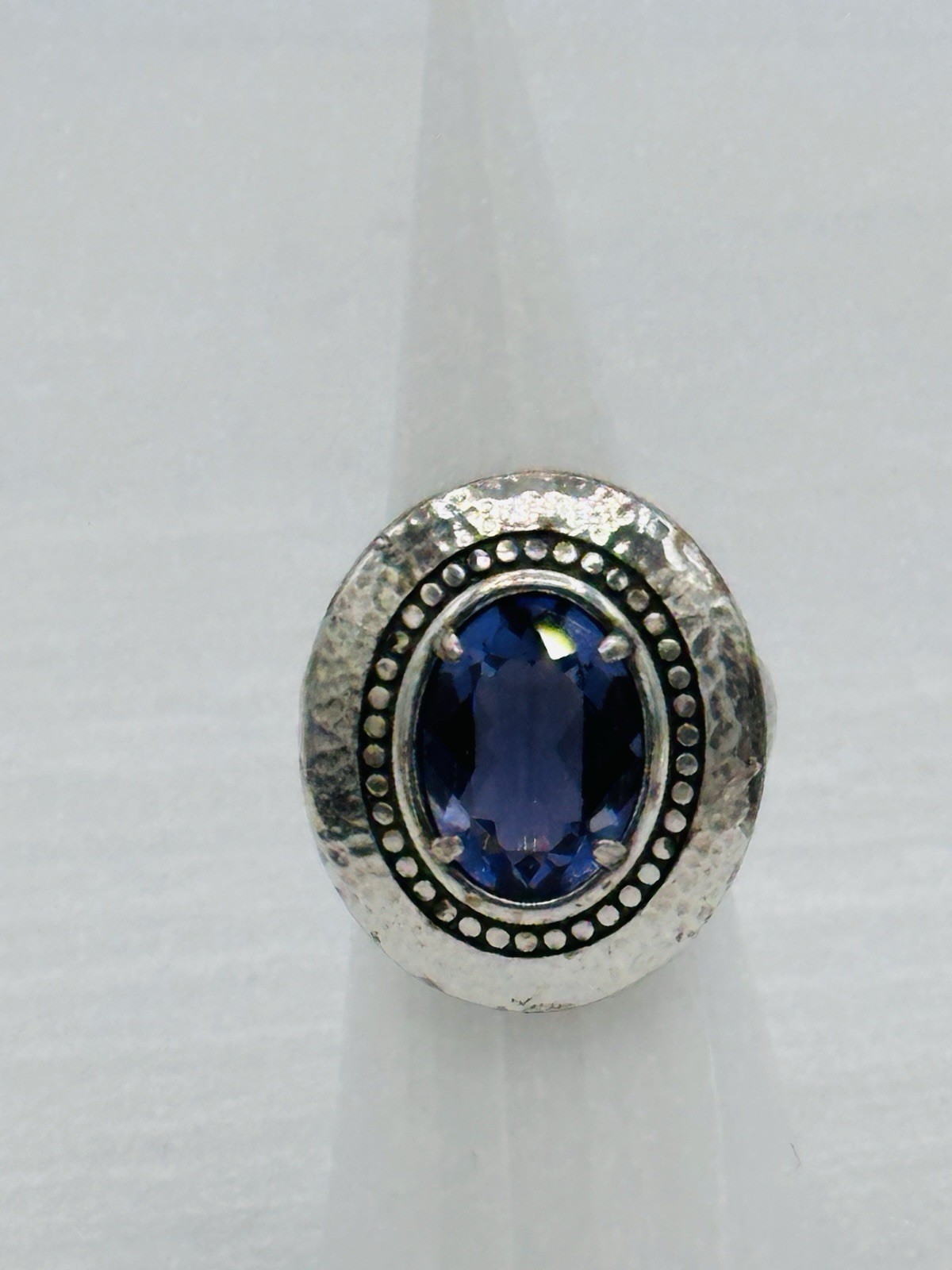 Brighton Silver Plated Blue Crystal Halo Statement Ring Hammered Band 5.75