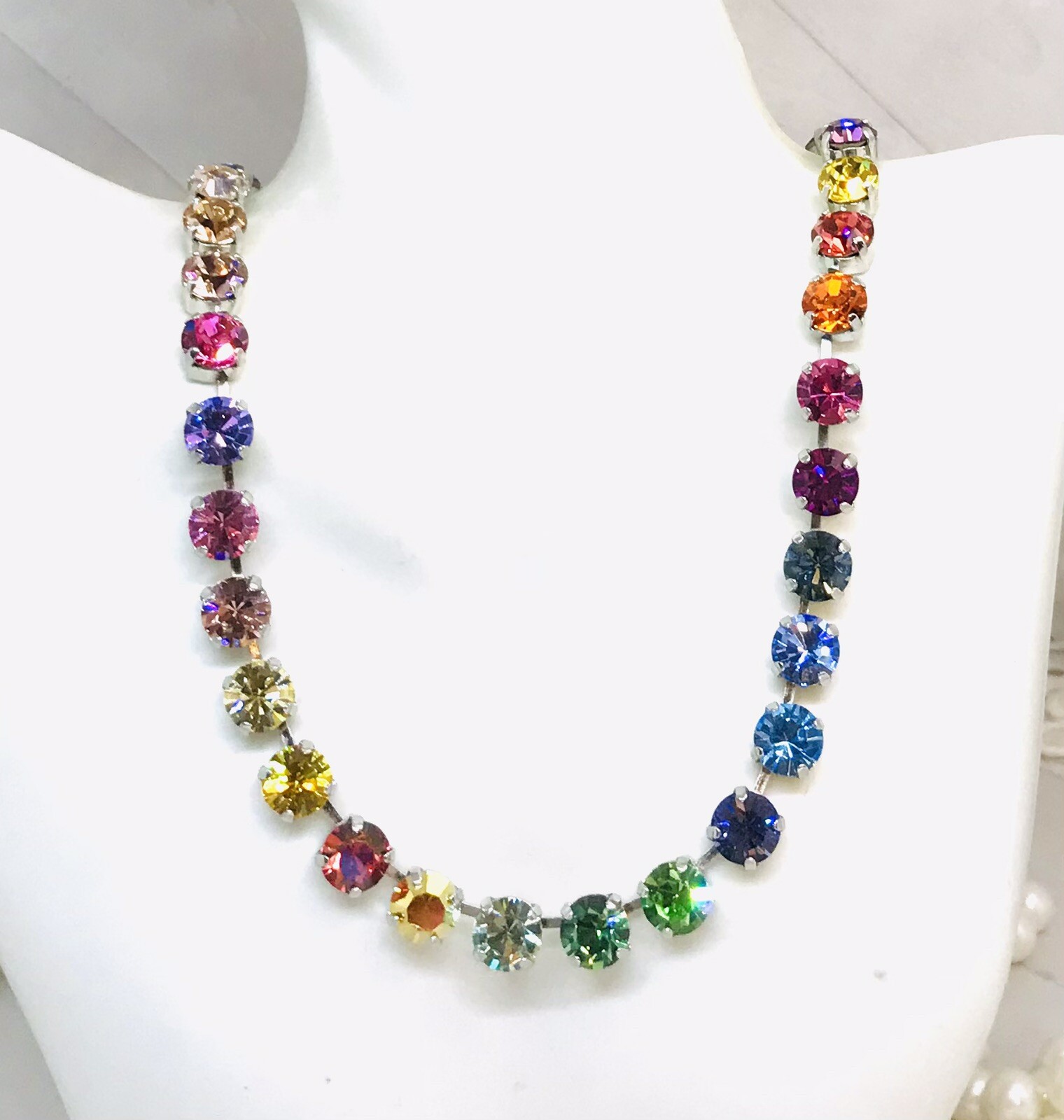 Silver Plated 33 Stone Colorful Rainbow Cup Chain Crystal Necklace