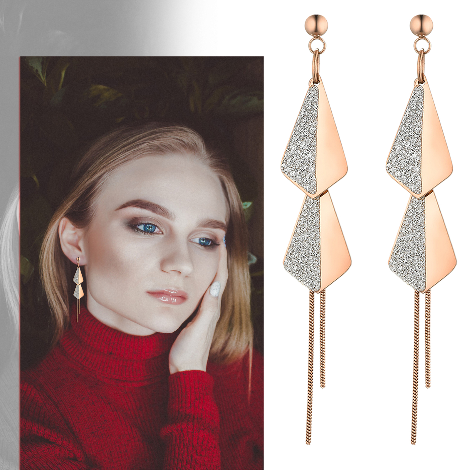 2pcs Women’s Stainless Steel Geometric Long Tassel Chain Drop Dangle Earrings