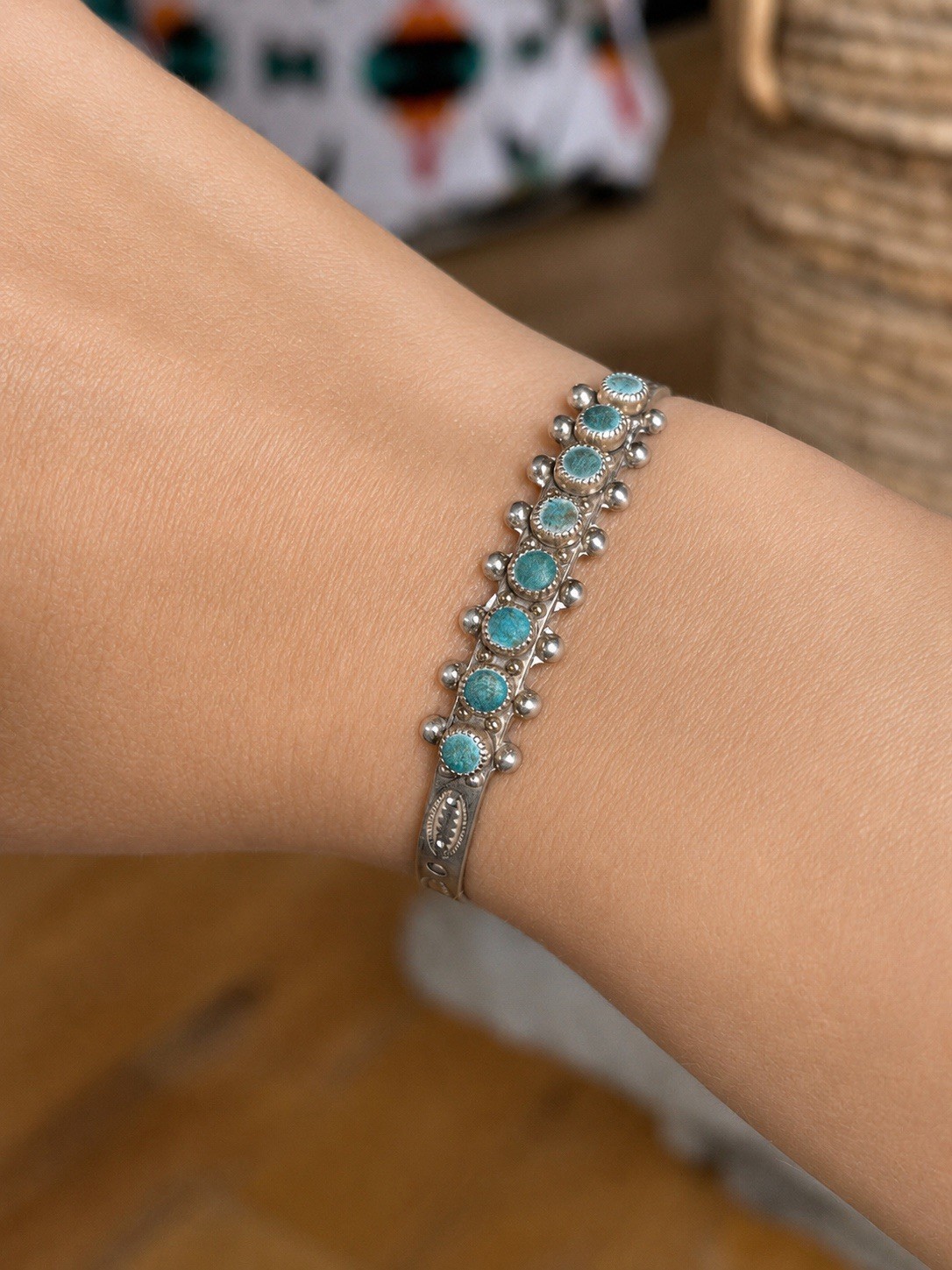 Vintage Fred Harvey Era Zuni Sterling Silver Turquoise Snake Eye Cuff Bracelet S