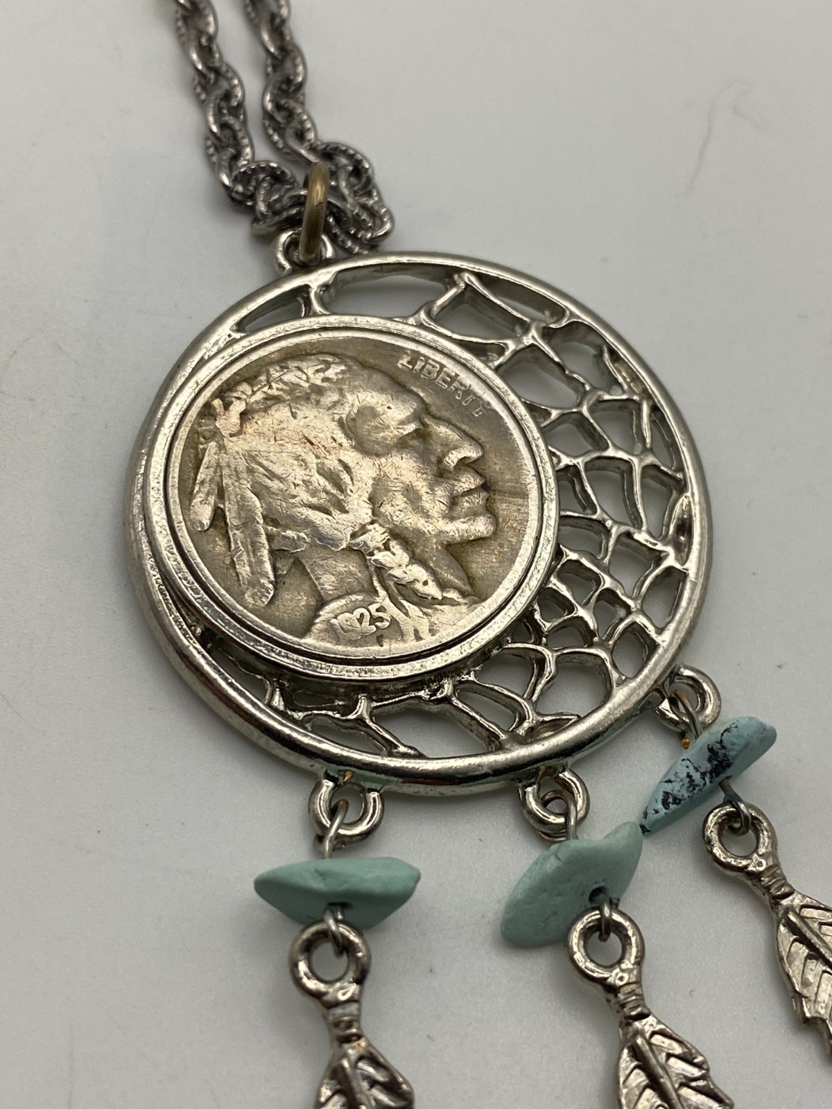 1925 Buffalo Nickel Dream Catcher Pendant 24″ Chain Silver Tone Metal Chain
