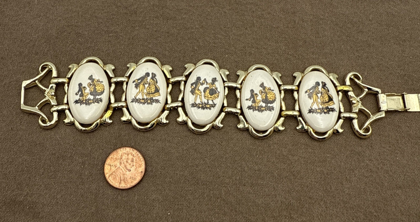 Vintage Countess Porcelain Courting Couple Bracelet Black Gold on White