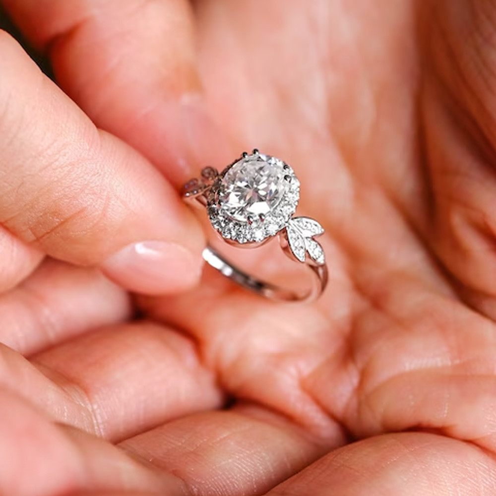 2.52 TCW Oval Cut Moissanite Cluster Engagement Ring In 14k White Gold Plated