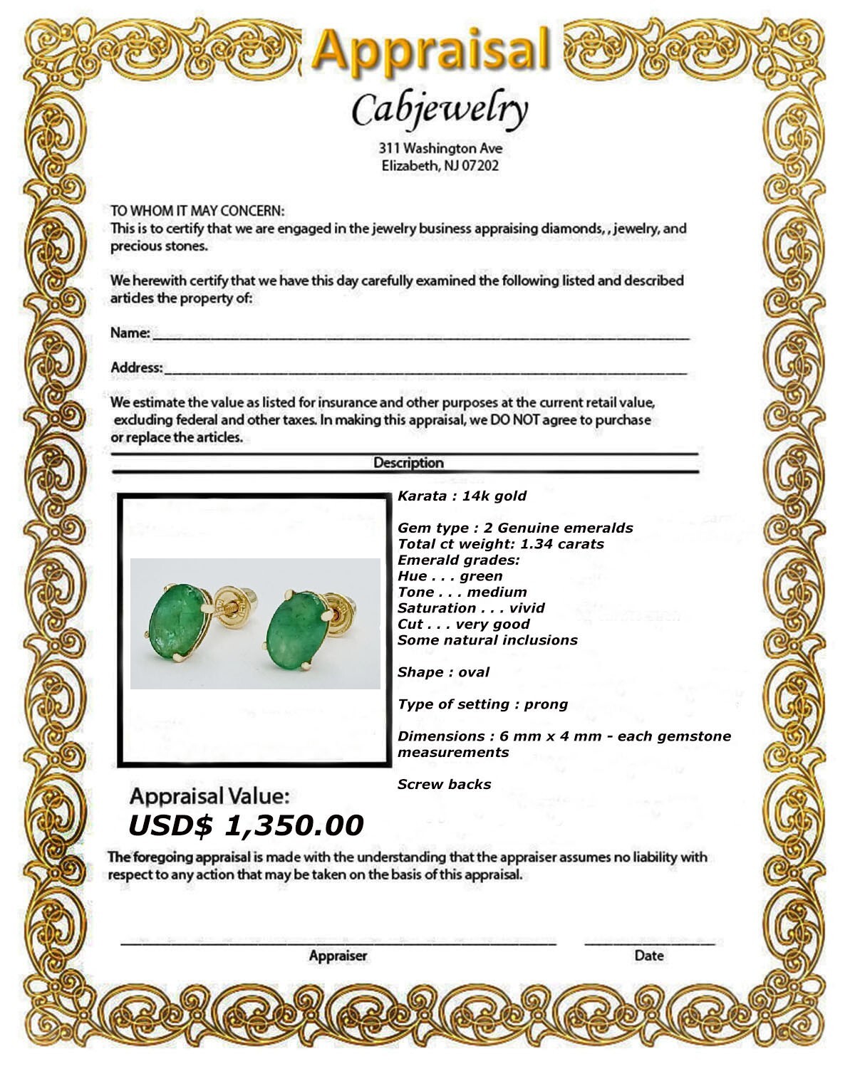 GENUINE 1.34 Cts EMERALD STUD EARRINGS 14K GOLD – Free Appraisal – SCREW BACKS
