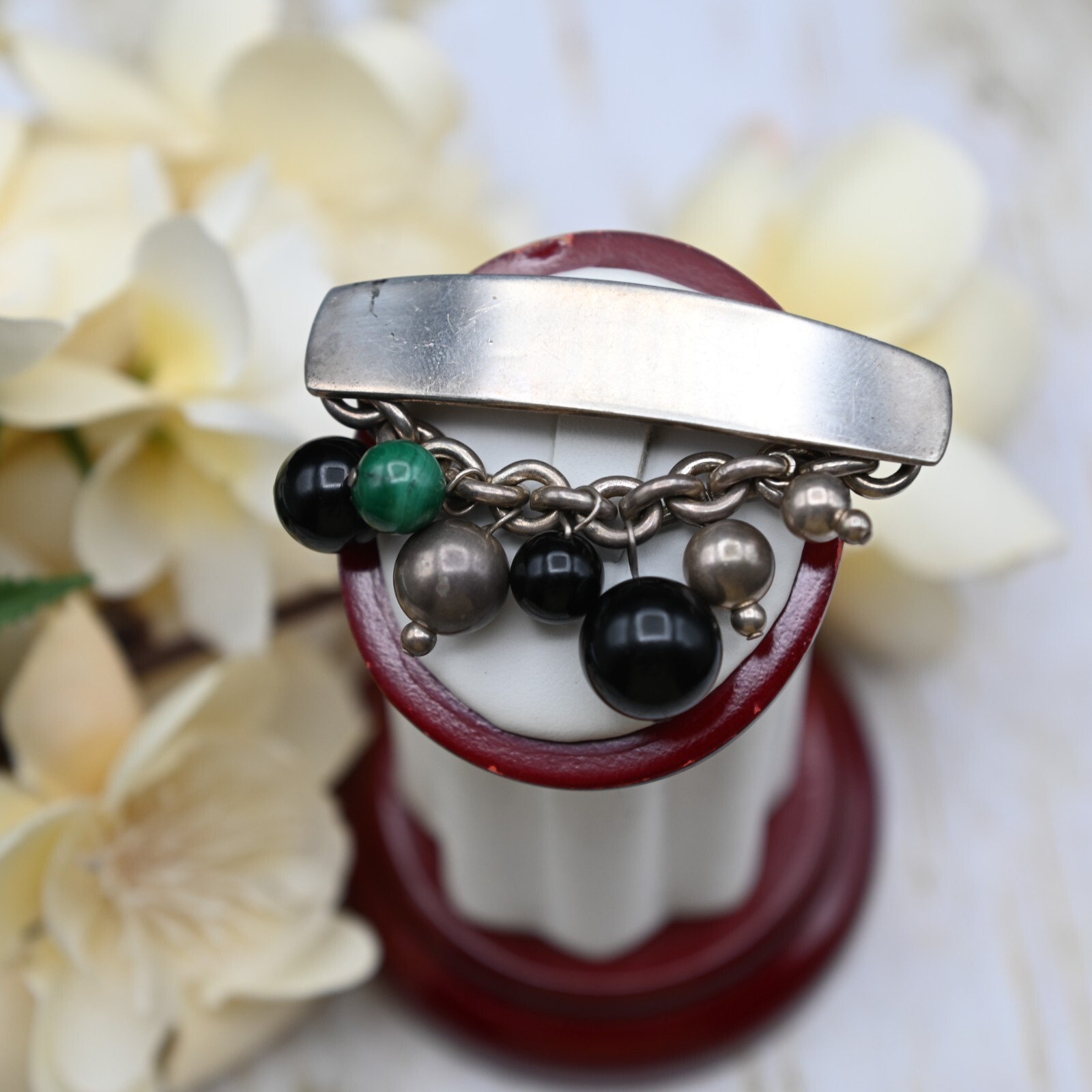Susan Cummings Malachite Onyx Sterling Silver Bead Bar Dangle Pin Brooch 23.4g