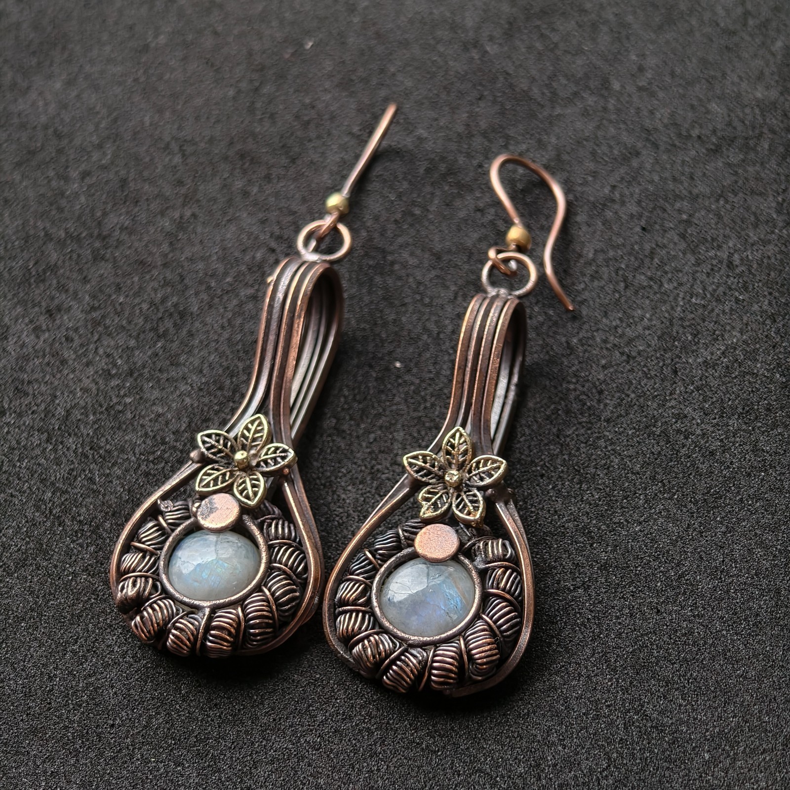 Copper Wire Wrapped Moonstone Dangle Earrings, Handmade Copper Gemstone Earrings