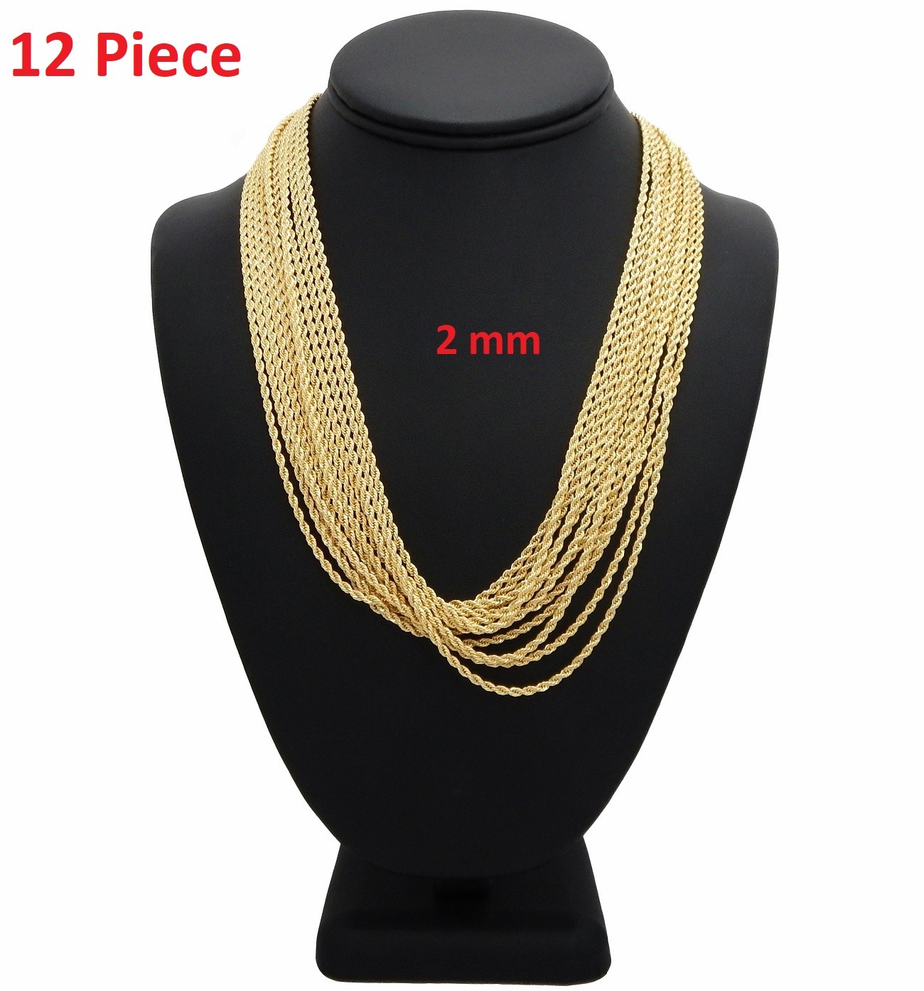 12 Piece 2mm Rope Chain Necklace 18″ 20″ 22″ 24″ 26″ 30″ Gold Plated Wholesale